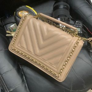 Quilted Style With Chain Detail Top Handle Shoulder Bag in Beige Faux Leather